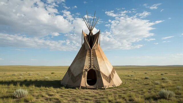 Traditional conical tent standing on a vast grassy plain under blue sky