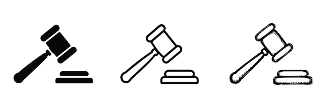 Gavel icon set in solid outline and line styles law court symbols decision