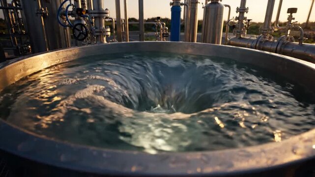Water Vortex Swirling Inside Industrial Steel Tank at Sunset Facility