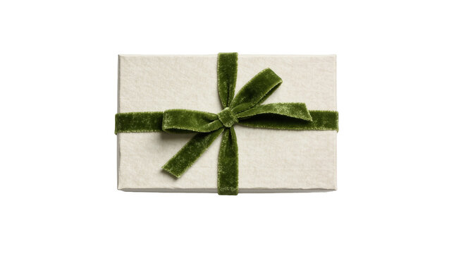 Textured off-white gift box with lush green velvet ribbon bow, isolated on transparent background