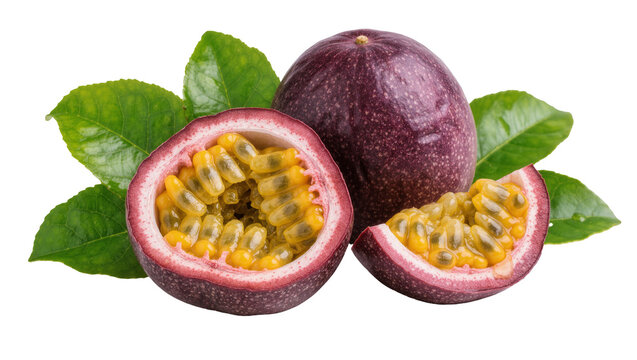 Whole and halved passion fruits with green leaves, isolated on transparent background