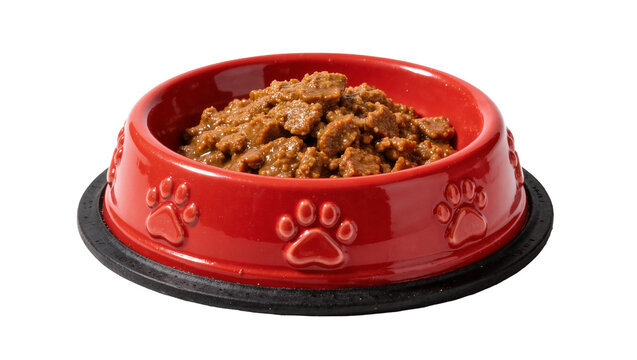 Red pet food bowl with paw prints filled with wet dog food, isolated on transparent background