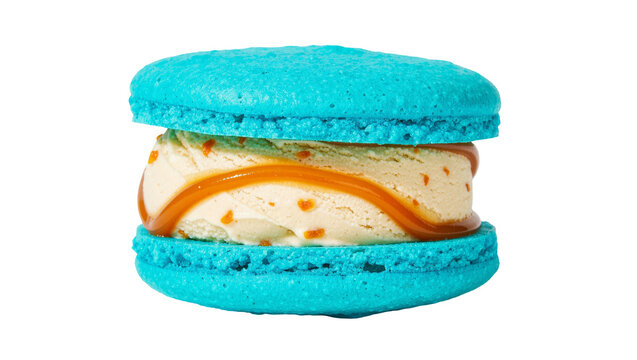 Bright blue macaron ice cream sandwich with caramel drizzle, isolated on transparent background