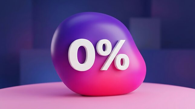 Zero percent interest rate symbol on purple and pink abstract blob for financial promotion and advertising.