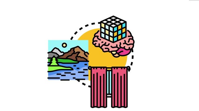Mindscape system a brain solving a puzzle cube, connecting to an imaginative natural landscape and a comfortable indoor window view, symbolizing thought processes and perception