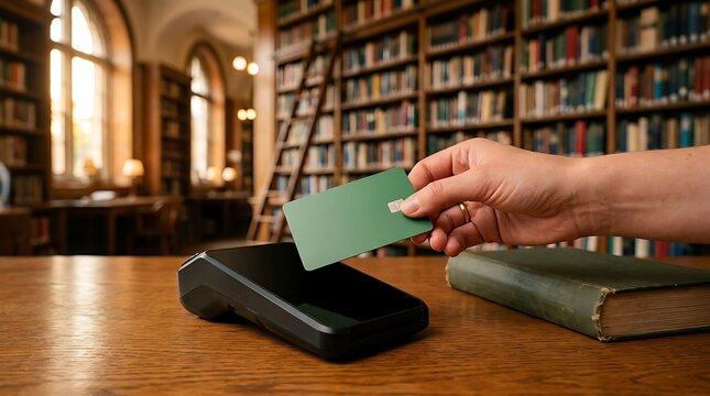 Person's hand holding green card for contactless payment at terminal in library with bookshelves.