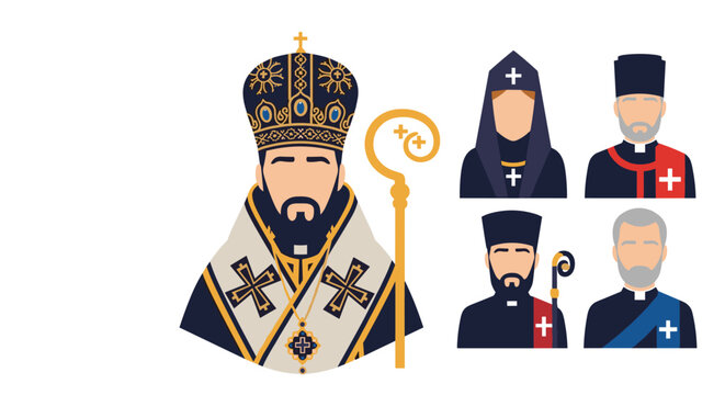 Portrait of an Orthodox Christian bishop in ornate vestments alongside four smaller illustrations of priests and monks.