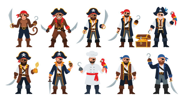 Cute collection of ten diverse cartoon pirate characters, including captain, cook, monkey, and sailors with hooks.
