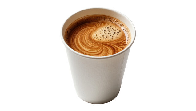 White paper cup filled with latte art coffee, isolated on transparent background