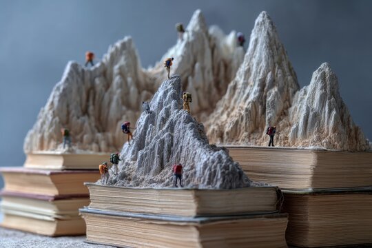 Miniature Hikers Climbing Mountain Peaks Made Of Stacked Books