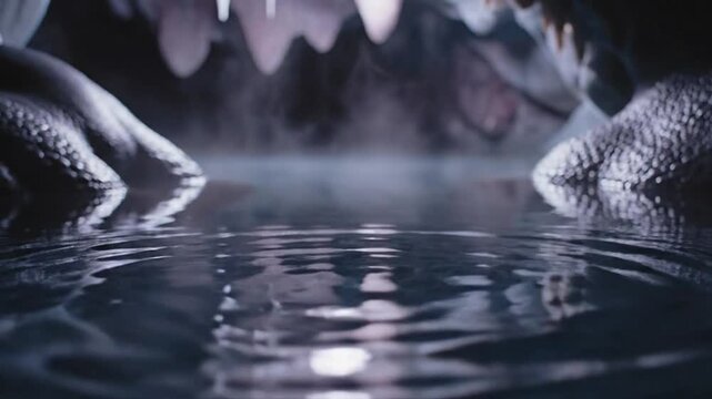 A crystal clear water droplet creates soft ripples in a deep dark misty subterranean cavern pool.