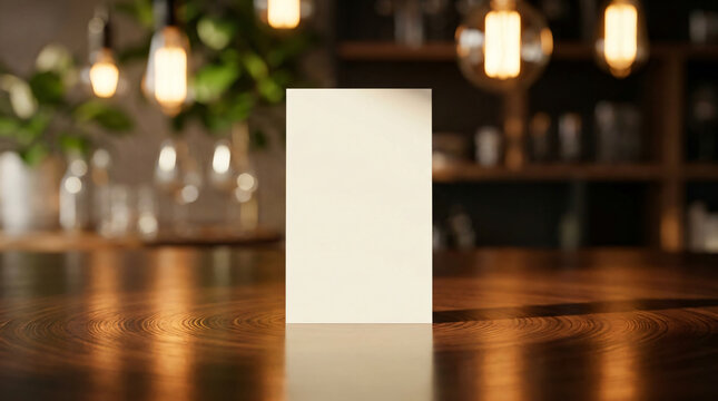 Blank vertical menu card mockup on restaurant table | White cardstock standing on polished wood surface | Elegant cafe interior with warm edison bulb lighting | Realistic flyer invitation mockup 
