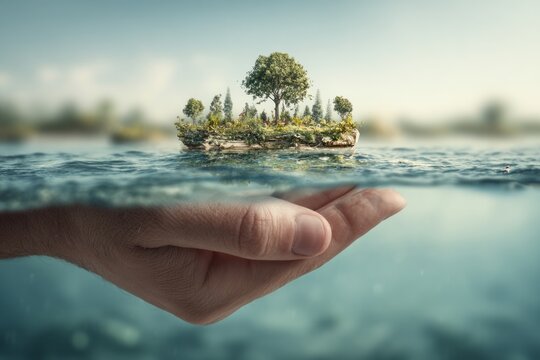 Human Hand Holding Green Eco Island Underwater Nature Protection Concept