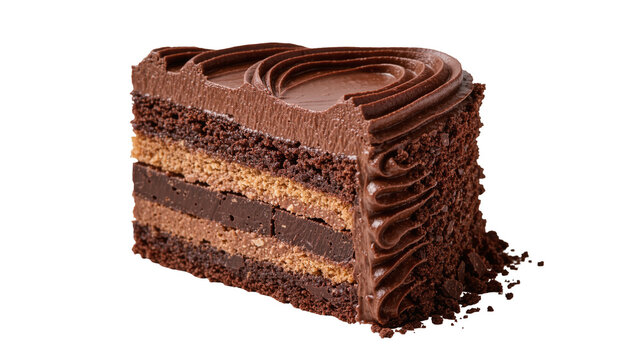 Rich chocolate cake slice with layered sponge and ganache decorated with frosting, isolated on transparent background