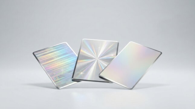 Three holographic cards with shiny metallic surfaces on display