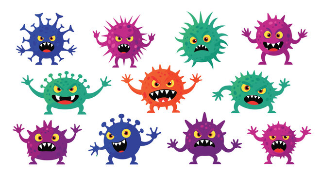 Diverse set of colorful and angry cartoon virus characters representing bacteria, germs, and pathogens on white.