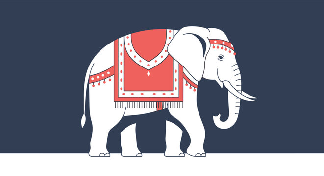 Majestic white elephant decorated with a traditional red and gold ceremonial harness walking against dark background.