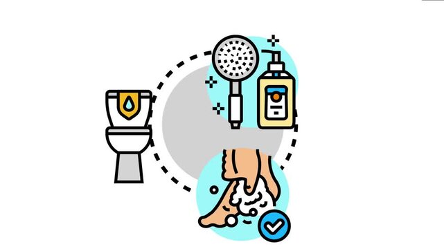 People optimizing water consumption in various bathroom activities like washing hands, showering, and flushing toilets, promoting ecological sustainability and resource conservation
