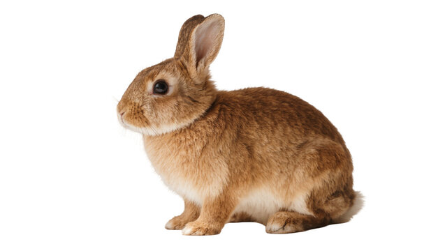 Fluffy brown rabbit sitting attentively, isolated on transparent background