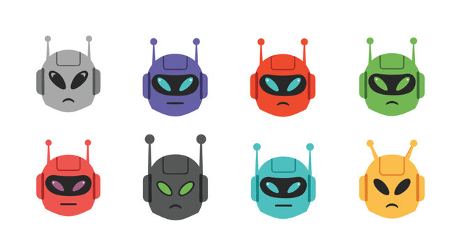 Set of eight colorful futuristic robot head avatars displaying neutral and sad facial expressions on white background.
