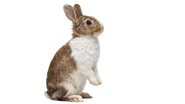 Small brown and white rabbit standing on hind legs, isolated on transparent background