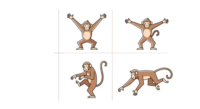Various cartoon monkeys are displayed in different active poses such as jumping, walking, and running in this vector set.