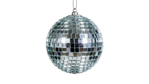 Sparkling silver disco ball with mirrored squares, isolated on transparent background