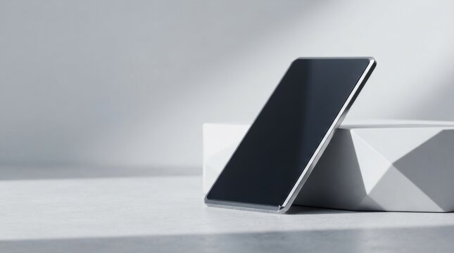 Modern black smartphone leaning against a white geometric stand