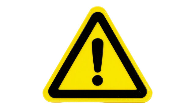 Yellow triangular warning sign with black border and exclamation mark, isolated on transparent background