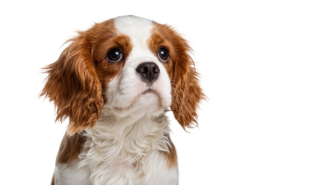 Adorable Cavalier King Charles Spaniel puppy with brown and white fur, isolated on transparent background