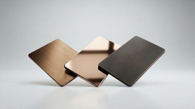 Three rectangular metal plates with different metallic finishes