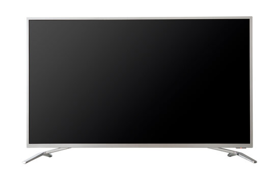 Modern smart TV with blank black screen isolated on white.
