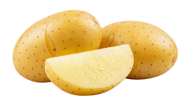 Whole yellow potatoes and a slice, isolated on transparent background