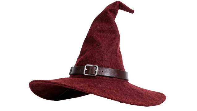 Textured burgundy witch hat with brown leather buckle strap, isolated on transparent background