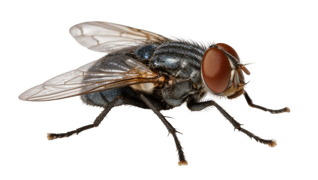 Detailed macro view of a common housefly with large compound eyes, isolated on transparent background