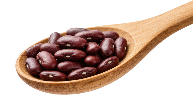 Dark red kidney beans filling a wooden spoon, isolated on transparent background