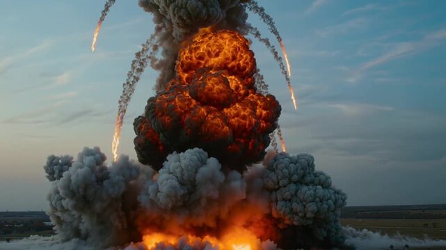 Distant explosion with rising smoke and fire 