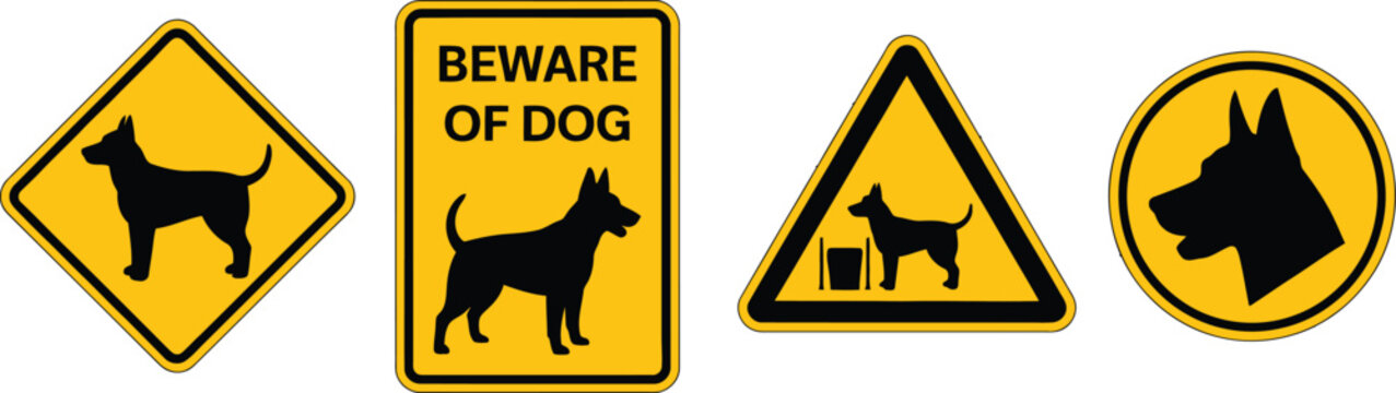 Dog beware sign vector icon featuring guard dog warning symbol, caution notice, danger pictogram, security alert, and flat safety signage illustration.
