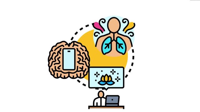 Mindful respiration concept representing a healthy meditative process of breathing, relaxation, and stress relief through mental focus and digital technology applications