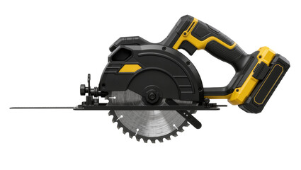 Black and yellow cordless circular saw with metal blade, isolated on transparent background © Irina
