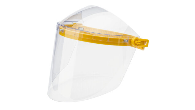 Clear plastic face shield with yellow adjustable strap, isolated on transparent background