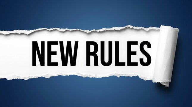 New rules concept showing bold black text revealed through torn blue paper background with white inner layer and paper roll edge for business updates.