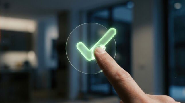 Human finger touches glowing green checkmark on transparent screen. User confirming digital task completion and success. AI automation, chatbot, digital assistant AI automation.