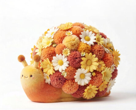 Caracol de peluche tierno con concha de flores de margaritas sobre fondo blanco