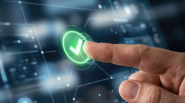Finger touching a glowing green checkmark on a digital display interface. Successful user interaction confirming system validation. AI automation, chatbot, digital assistant AI automation.