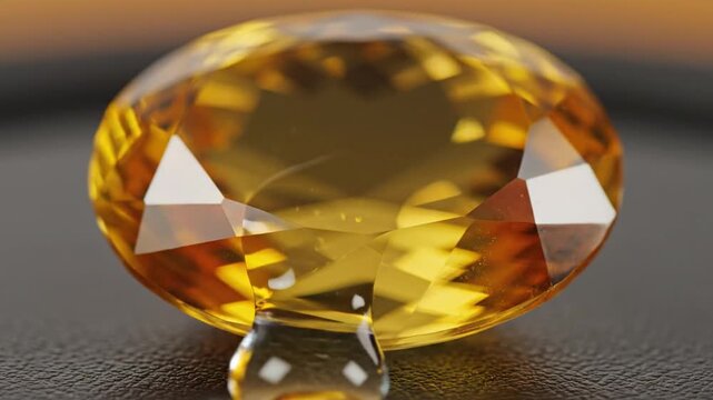 A sparkling citrine gemstone with a clear water droplet sliding down its polished faceted surface.