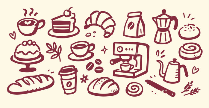 Hand-drawn coffee and bakery doodles, vintage cafe icons set, rustic breakfast illustrations, brown line art vector collection