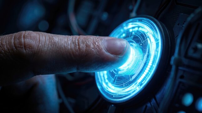 Finger touching glowing blue futuristic circular button in dark setting. Activating digital command with interactive touch technology. AI automation, chatbot, digital assistant ai automation chatbot.