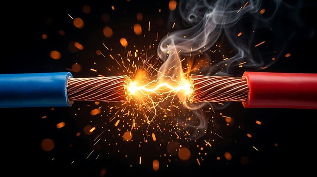 Electrical spark and smoke from connecting blue and red wires creating energy and danger symbolizing short circuit.