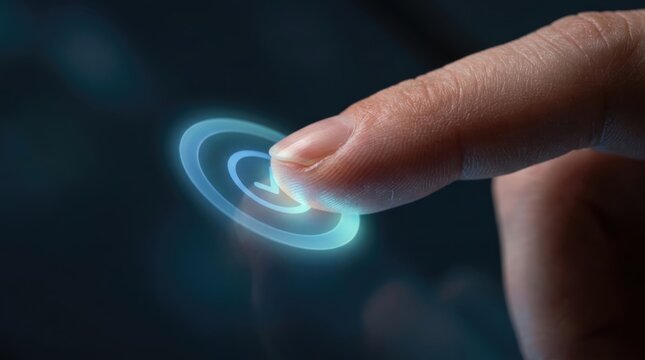 Extreme closeup of finger touching glowing blue button on screen. Confirming selection with intuitive tactile interaction. AI automation, chatbot, digital assistant ai automation digital.